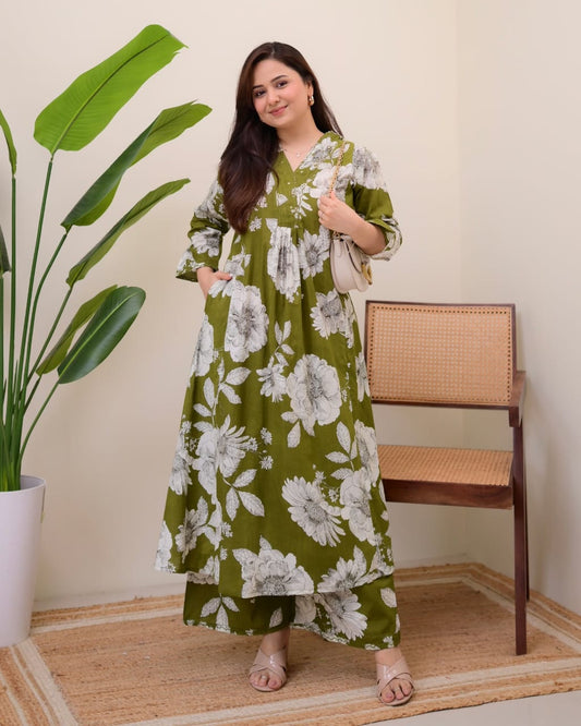 Zarika - Olive Bloom Cotton Kurta Set