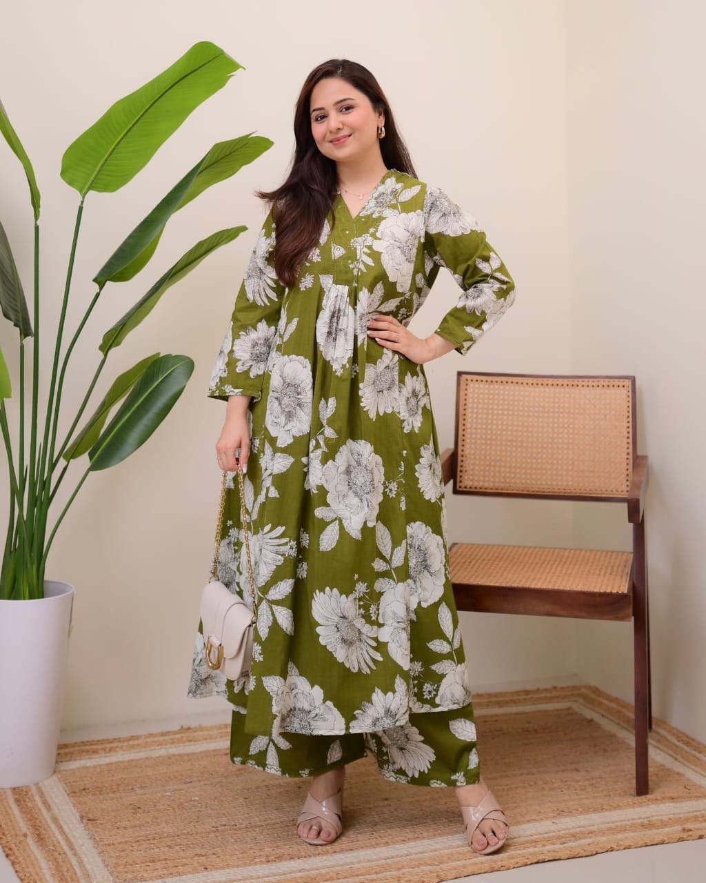 Zarika - Olive Bloom Cotton Kurta Set