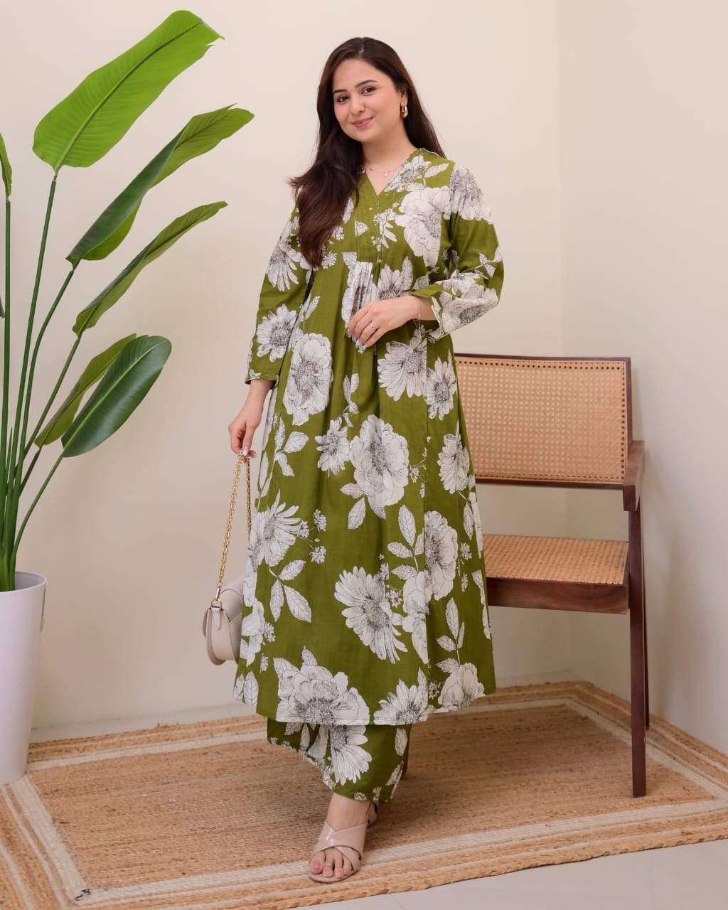 Zarika - Olive Bloom Cotton Kurta Set
