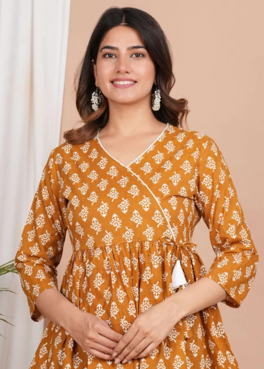Zarika-Mustard Printed Peplum Short Kurti