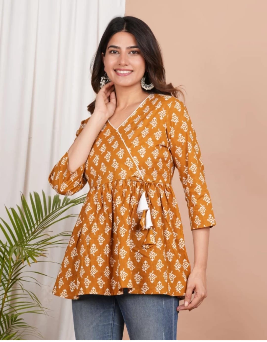 Zarika-Mustard Printed Peplum Short Kurti