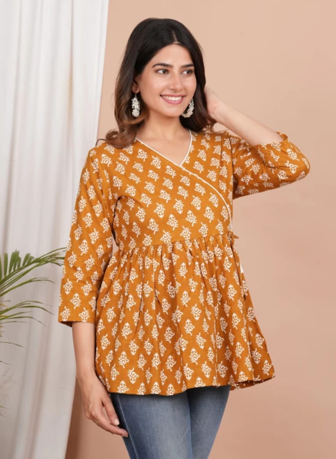 Zarika-Mustard Printed Peplum Short Kurti